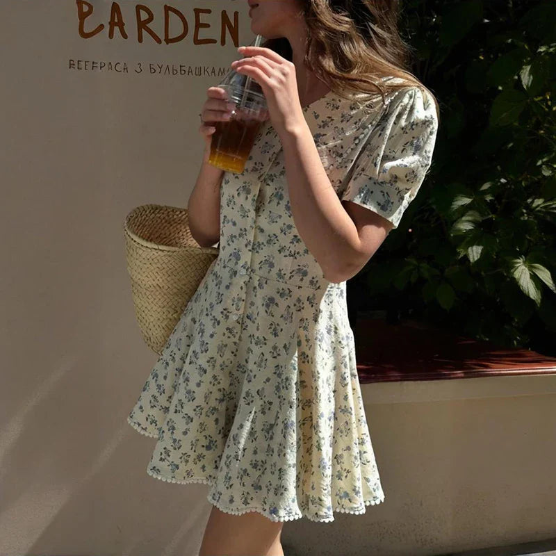Printed Short Sleeve Slim Single Breasted Mini Dress