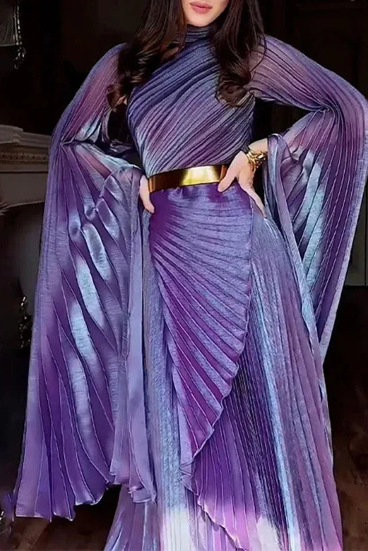 Elegant Hollow Out Printed Slit Sleeve High Waist Maxi Dress