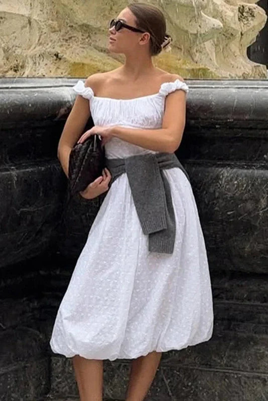 Hollow Embroidery Off-Shoulder Slim Midi Dress