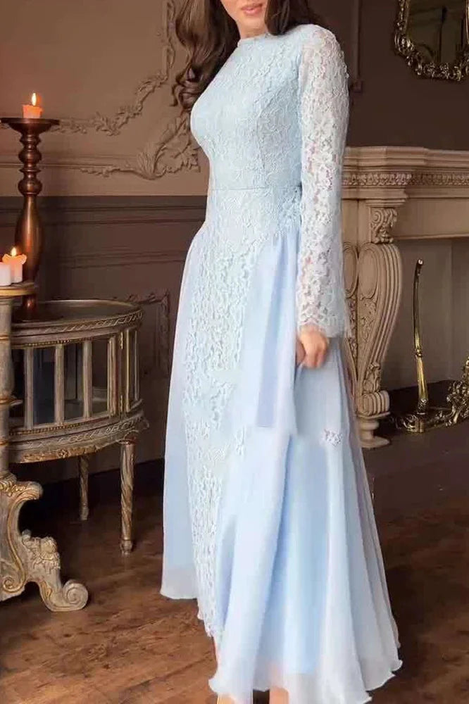 O-Neck Long Sleeve Pleated High Waist Lace Maxi Dress