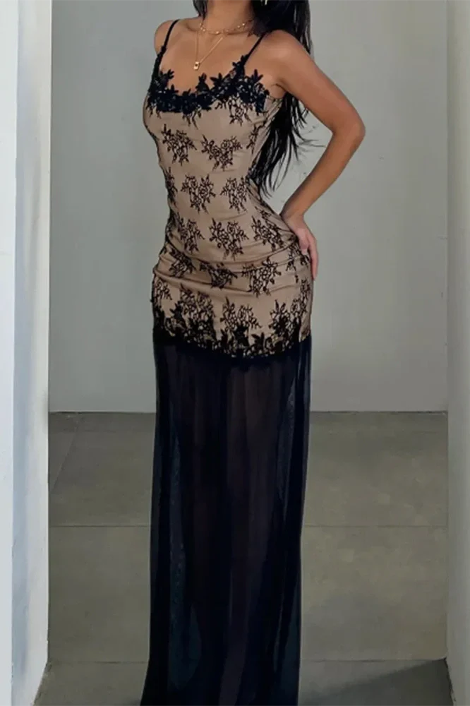Elegant Backless Lace Print Sleeveless Slim Maxi Dress