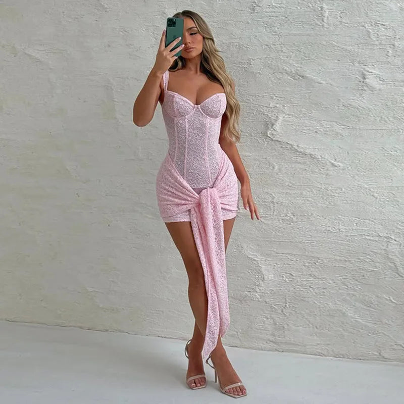Lace V Neck Sleeveless High Waist Mini Dress