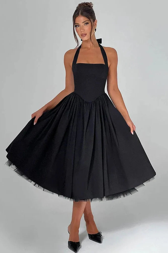 Backless Square Collar Sleeveless High Waist A-Line Midi Dress