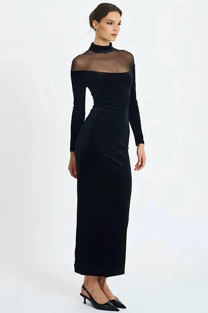 Off-Shoulder Long Sleeve High Collar Backless Bodycon Maxi Dress