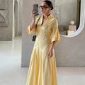 V-Neck Half Sleeve Pleated Slim Maxi Dress