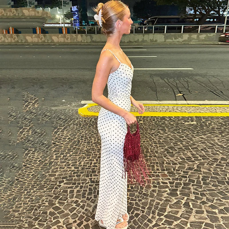 Polka Dot Printed Backless Maxi Dress