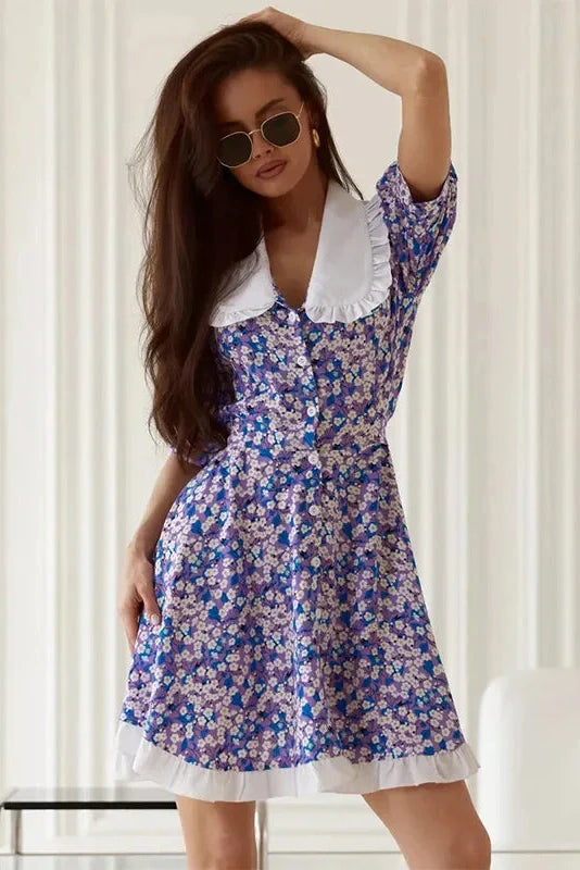 Short Sleeves Printed High-Waisted Mini Dress