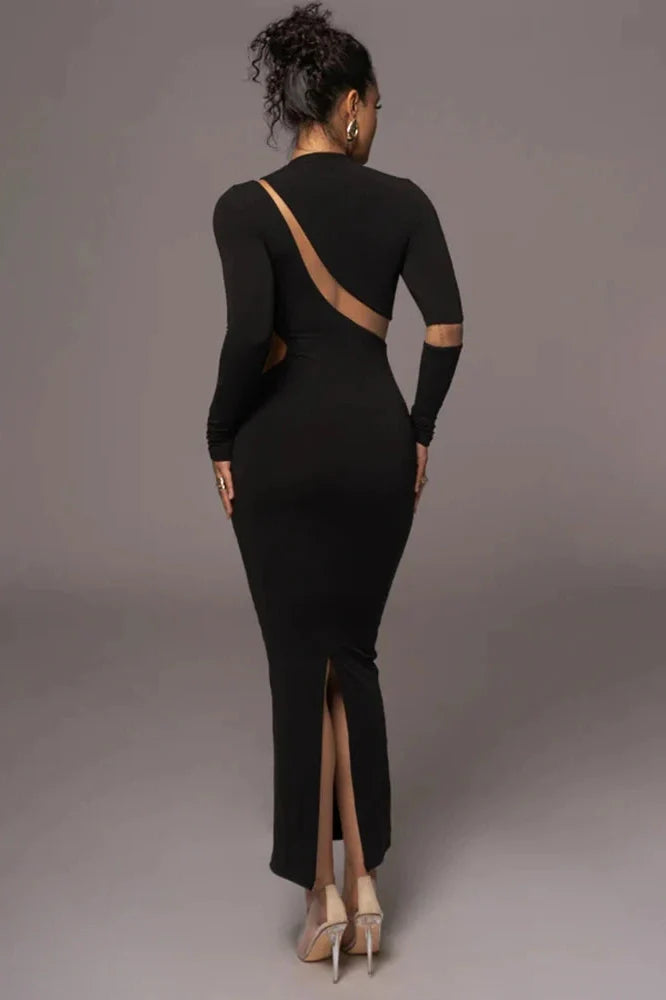 Long Sleeve Bodycon Patchwork Hollow Out Maxi Dress