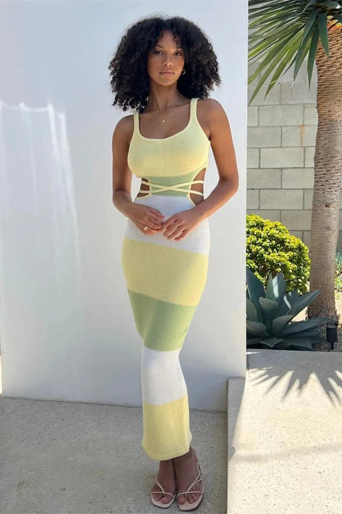 Spaghetti Strap Knitted Backless Bodycon Maxi Dress