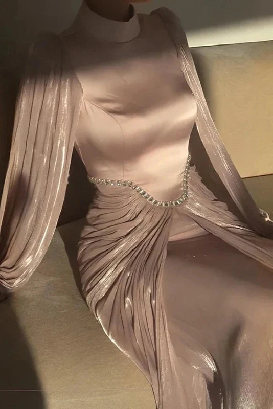 Long Sleeve High Waist O-Neck Pleated Maxi Dress