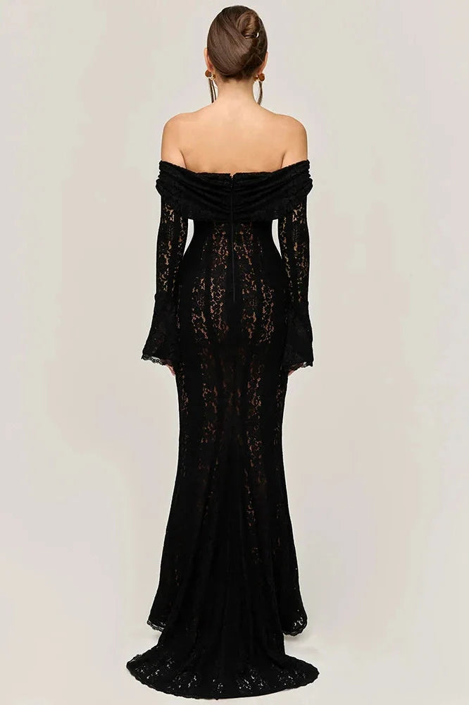 Lace Off-Shoulder Strapless Backless Long Sleeve Maxi Dress