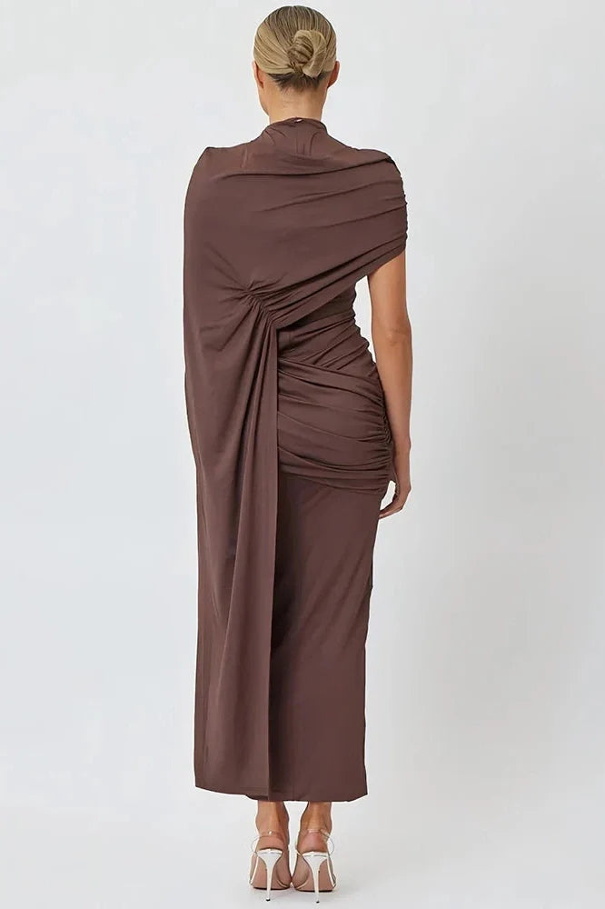 Elegant High Collar Short Sleeve High Waist Maxi Dress