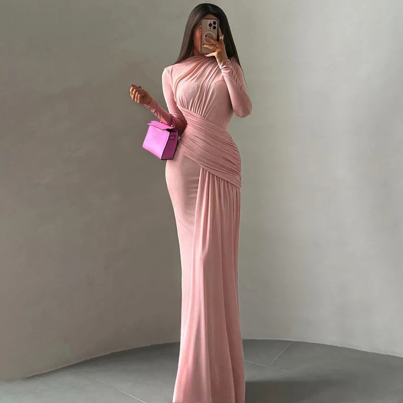 Round Neck High Waist Long Sleeve Maxi Dress