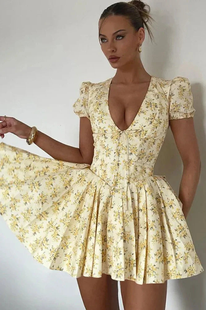 Deep V Neck Print Lace-up Short Sleeve A-line Mini Dress