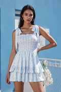 Square Neck Tie Shoulder A-Line Mini Dress