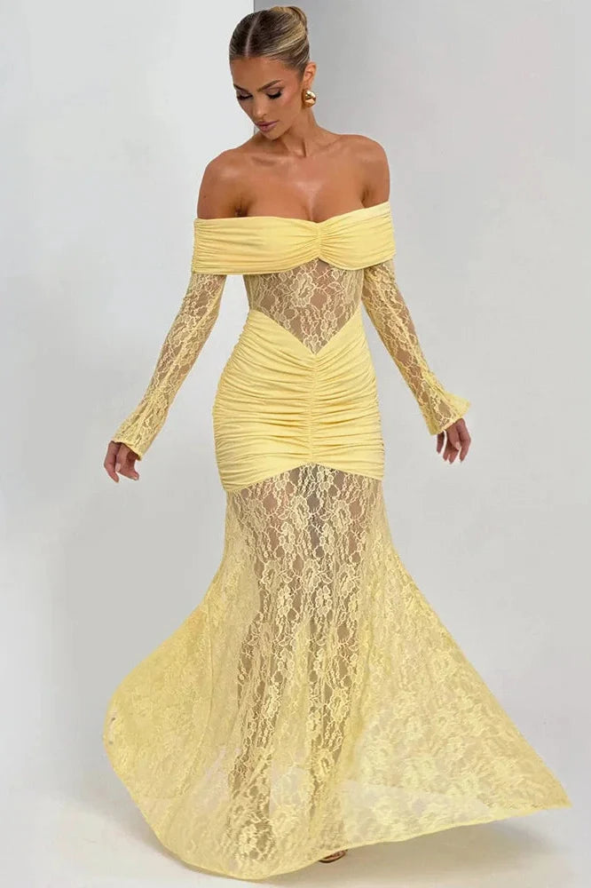 Off-Shoulder Long Sleeve Lace See Through Strapless Bodycon Maxi Dress