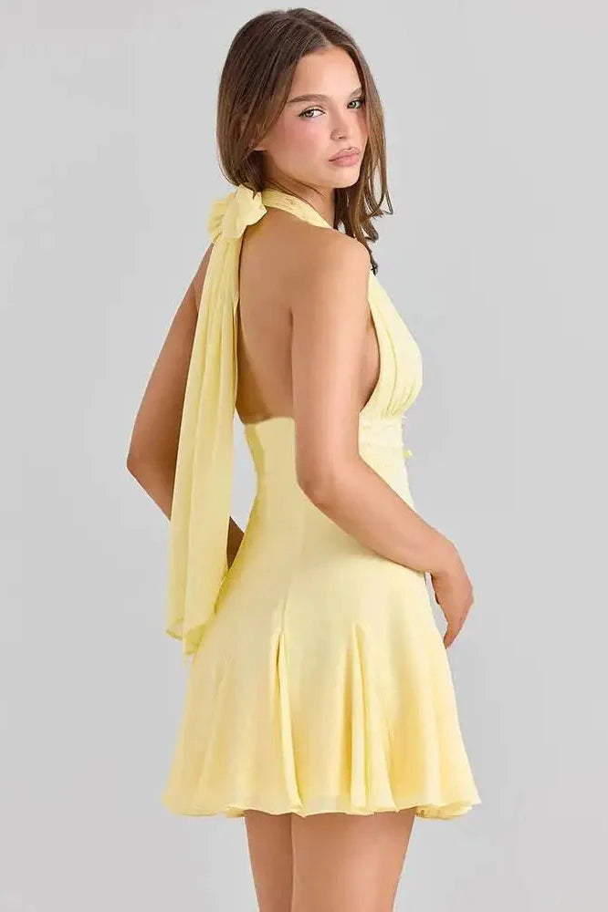 Backless Lace V Neck Sleeveless High Waist A-line Mini Dress