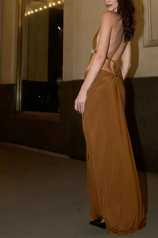 Hollow Out Sleeveless Backless Pleated Slim Maxi Dress