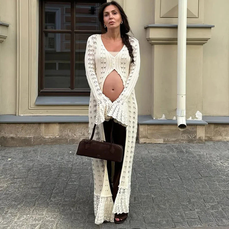 Hollow Knitted Long Sleeve Maxi Dress