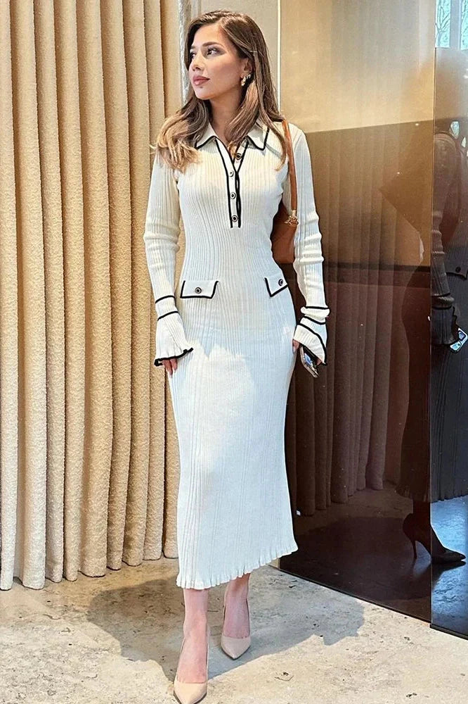 Knitted High Waist Long Sleeve Midi Dress