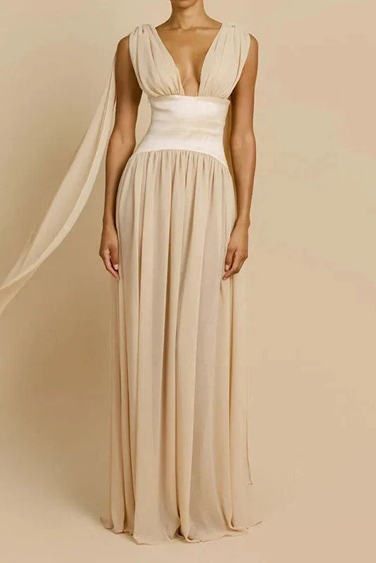 Sleeveless V-Neck High Waist Pleated Maxi Dress