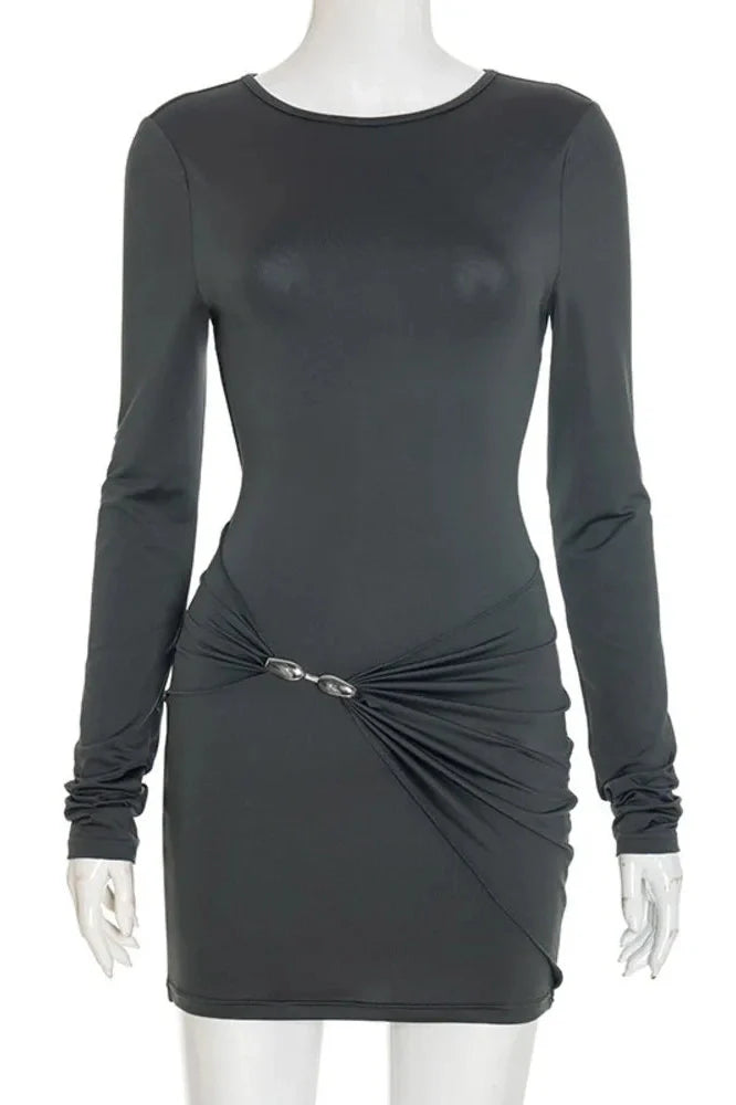 Long Sleeve Backless O Neck High Waist Mini Dress