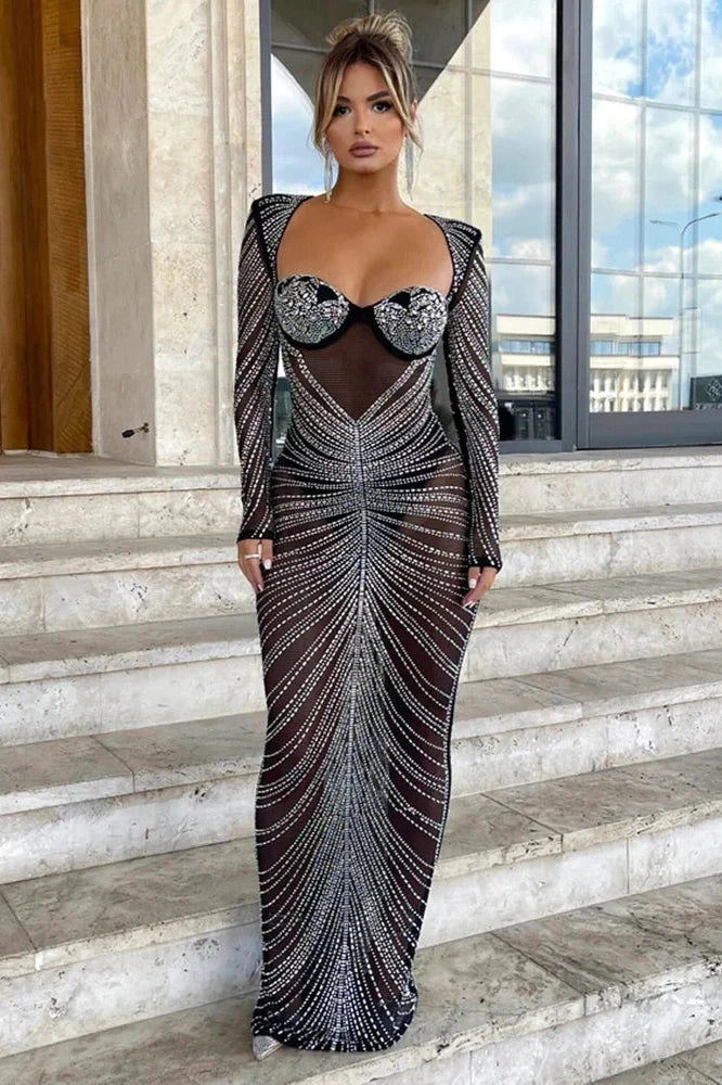Glitter See Through Full Sleeve Bodycon Maxi Dress
