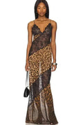 Printed Spaghetti Strap Patchwork See Through Sleeveless Maxi Dress