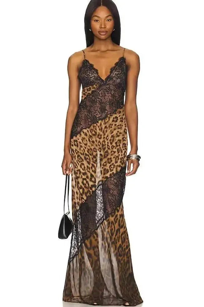 Printed Spaghetti Strap Patchwork See Through Sleeveless Maxi Dress
