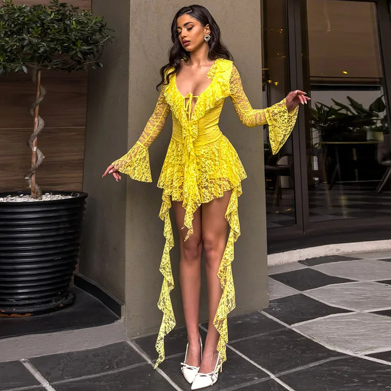 See-Through Lace Long Sleeve V-Neck Mini Dress
