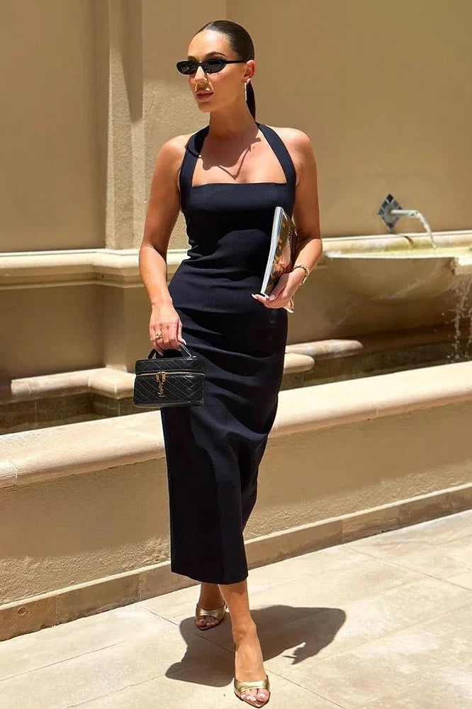 Square Neck High Waist Patchwork Midi Dress