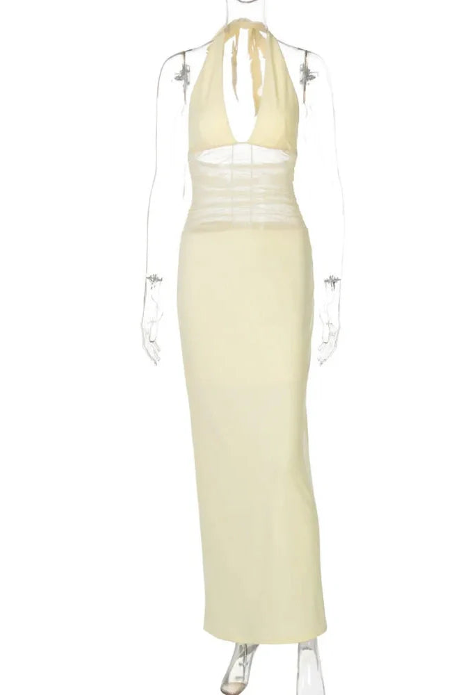 See Through Deep V Neck Sleeveless Backless Bodycon Maxi Dress