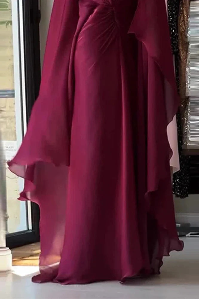 Long Sleeve Lace Up O-Neck Loose Pleated Maxi Dress