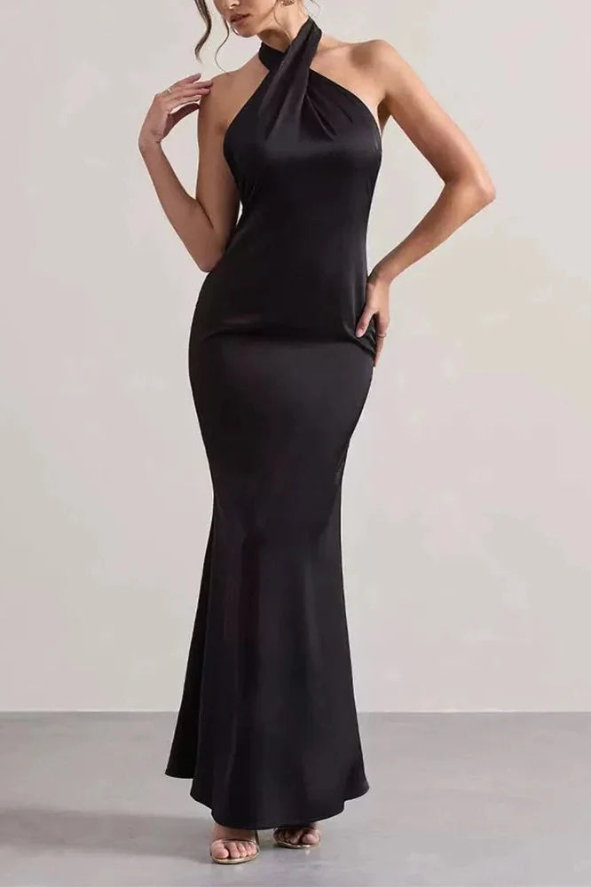 Off Shoulder High Waist Pleated Backless Slim Maxi Dress