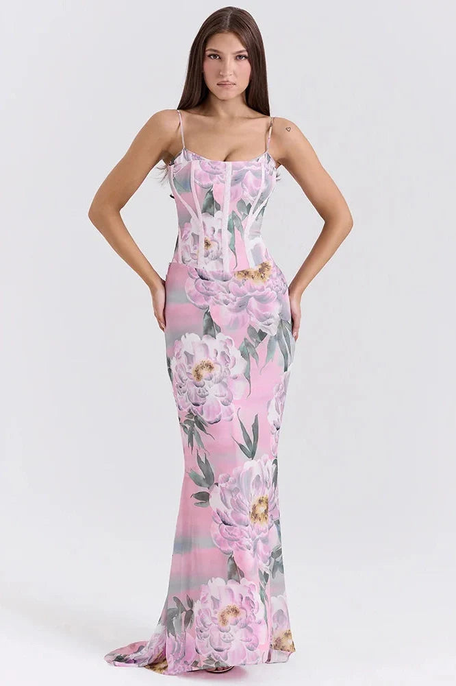 Floral Spaghetti Strap Sleeveless Backless Maxi Dress