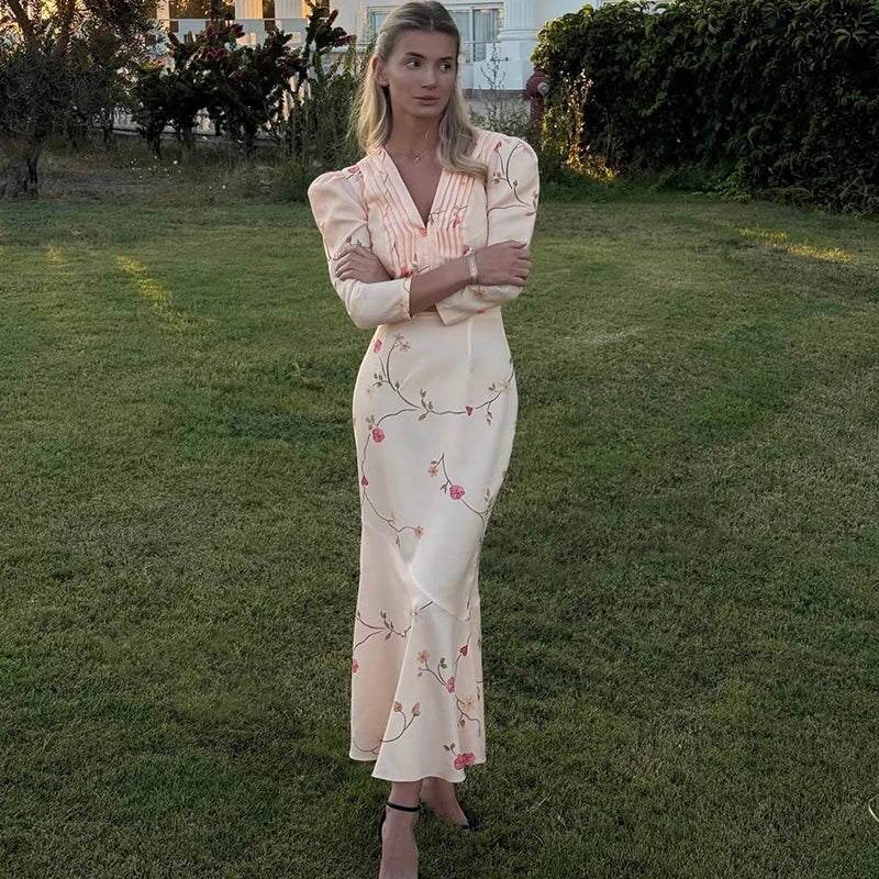 Print Pleated V-Neck Puff Sleeve Maxi Dress