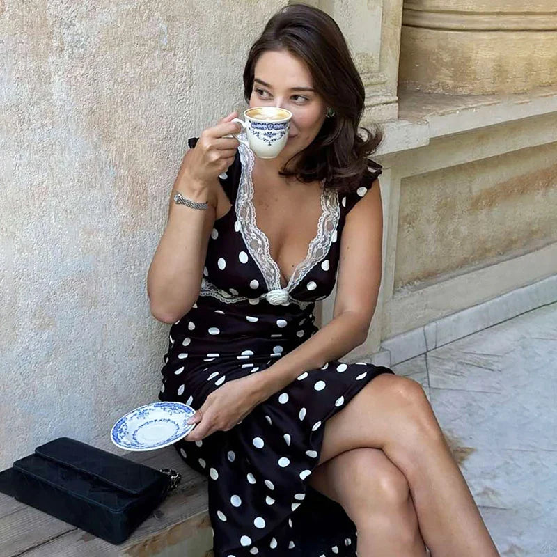 Lace Patchwork Polka Dot V-Neck Backless Midi Dress