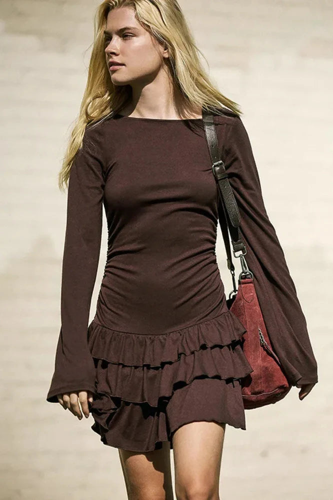 Long Sleeve O Neck High Waist A-line Mini Dress