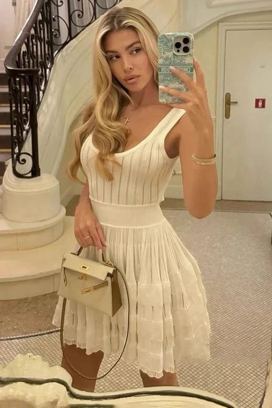 Hollow-Out Slim Knitted Sleeveless A-Line High Waist Mini Dress