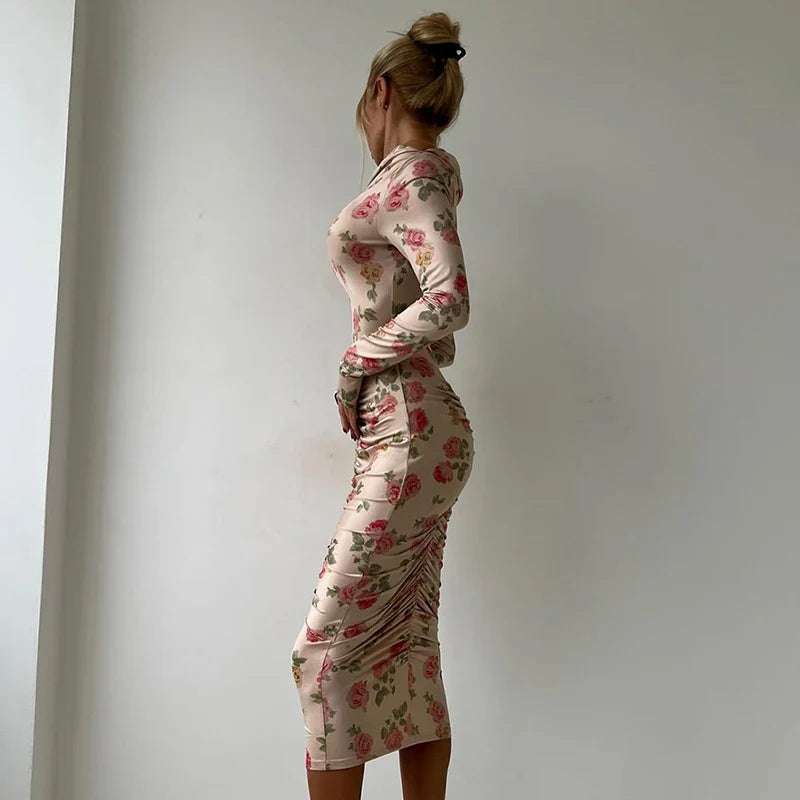 Printed Pleated Long Sleeve Bodycon Midi Dress