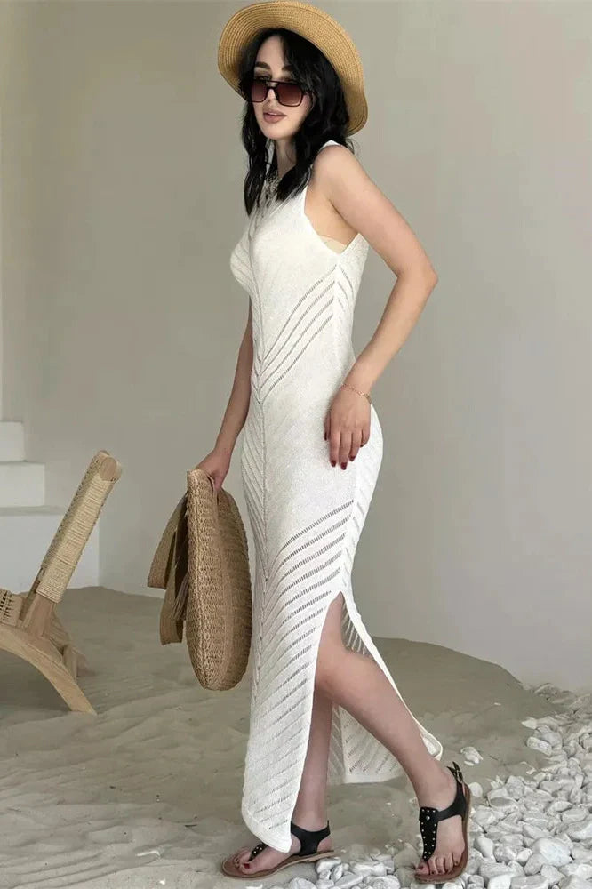 Hollow Out Patchwork High Waist Sleeveless Maxi Dress
