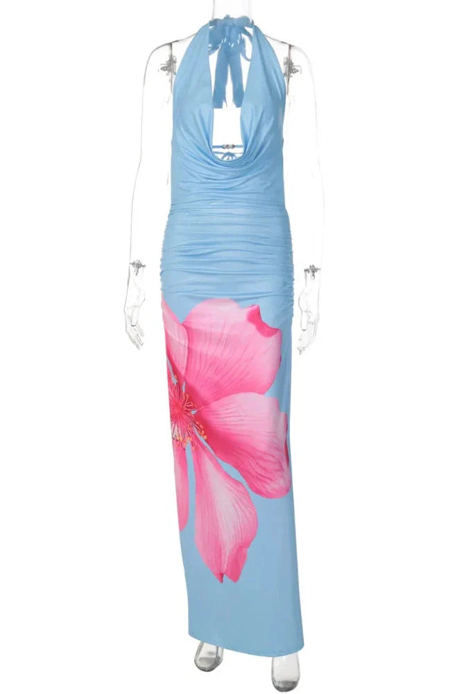 Printed Backless Sleeveless Split Bodycon Maxi Dress