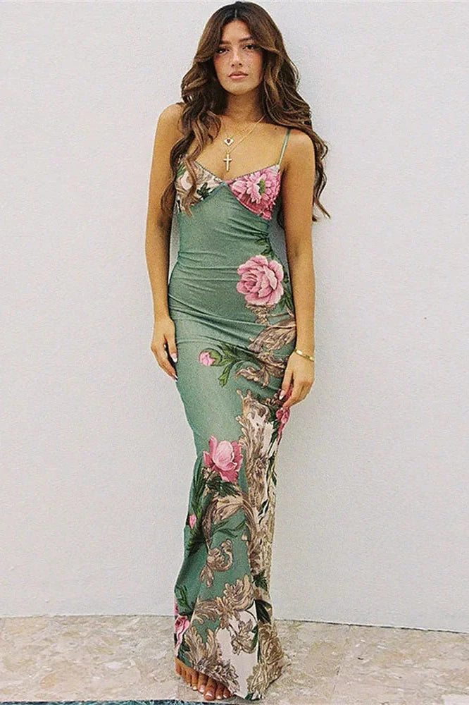 Printed Slim Spaghetti Strap Maxi Dress