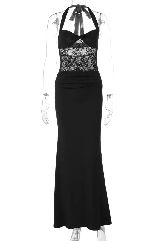 Backless Lace See Through Square Collar Sleeveless Bodycon Maxi Dress