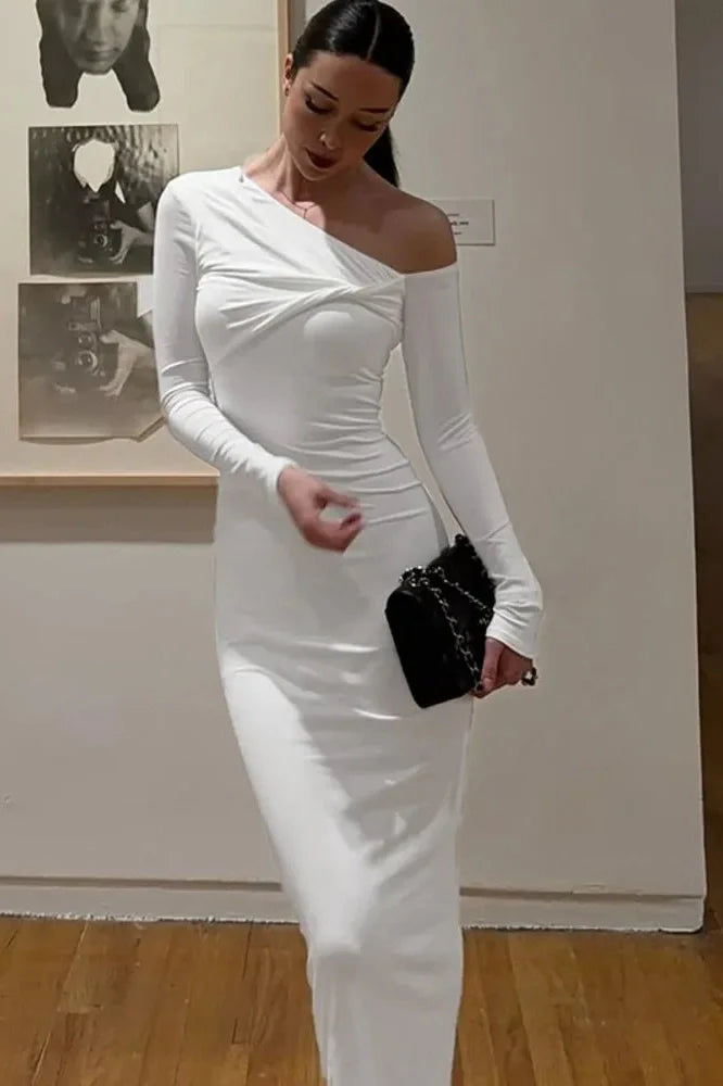 Inclined Shoulder Long Sleeve Backless Bodycon Maxi Dress