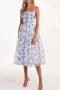 Slash Neck Printed Sleeveless High Waist Pleated Midi Dress