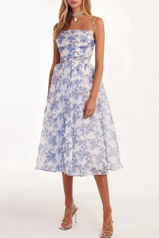 Slash Neck Printed Sleeveless High Waist Pleated Midi Dress