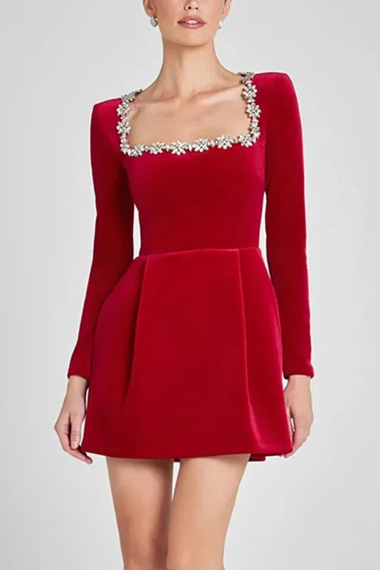 Elegant Square Neck Velvet Slim A-Line Long Sleeve Mini Dress