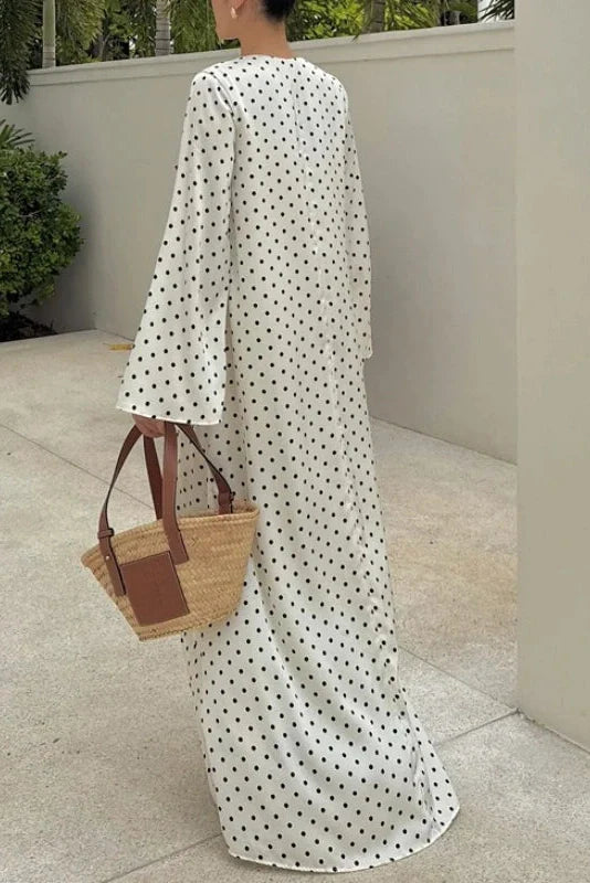 V-Neck Print Polka Dots Long Sleeves Loose Maxi Dress