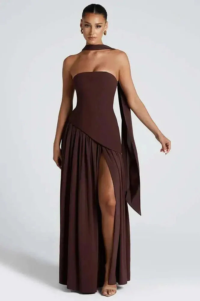 Strapless Off-Shoulder Patchwork Scarf Collar High Split Maxi Dress
